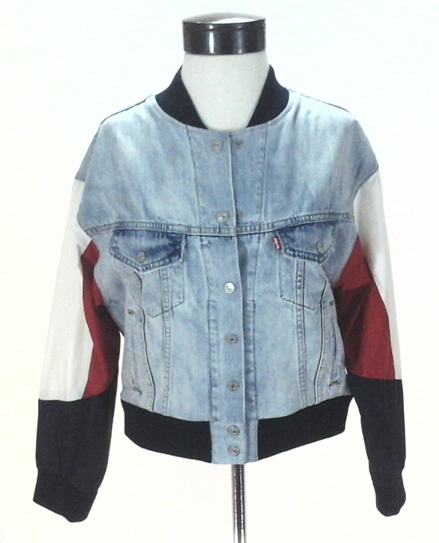 LEVI'S Premium Denim Bomber Blue/Red/White Jacket Snap Up Women's S Super RARE image 2