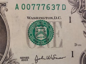 US $1 Bill With Uncentered Green Stamp And Great Serial Numbers