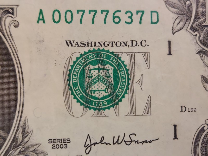 US $1 Bill With Uncentered Green Stamp And Great Serial Numbers