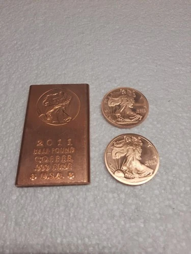 Walking Liberty Copper .999 Fine Copper Bullion 2- 1oz Rounds 1- 1/2 Pound Bar
