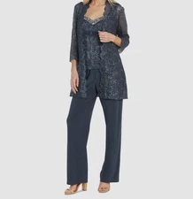 R&M Richards Women's Gray Sequins Glitter Lace Top, Jacket & Pants Set Size 8