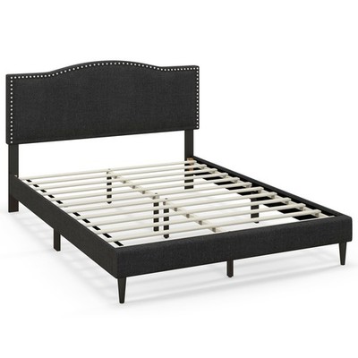 Queen Size Upholstered Bed Frame w/ Nailhead Trim Headboard Wooden Slats Support