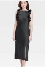 A New Day M Midi Satin Party Dress Black Midi Wedding Split Ruffle Sleeveless