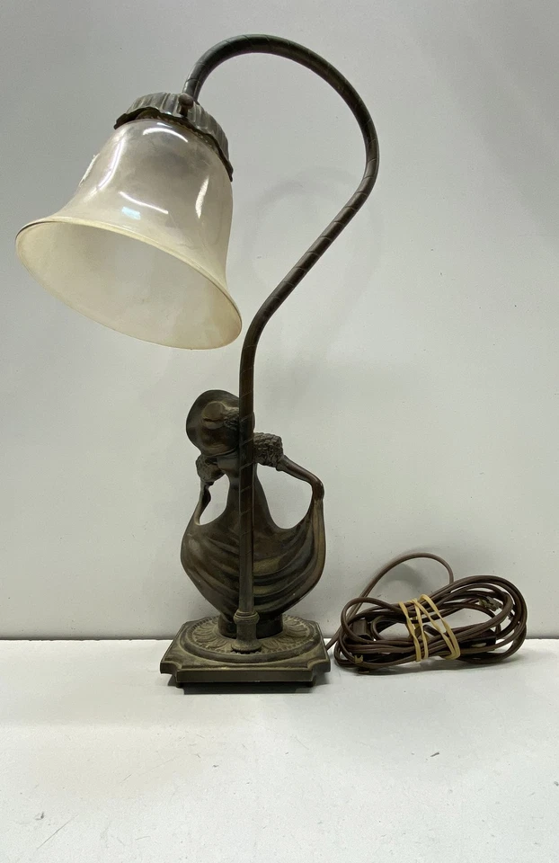 Antique Bronze Art Deco Lady Figurine Lamp with Glass Bell Shade - Image 2 of 4