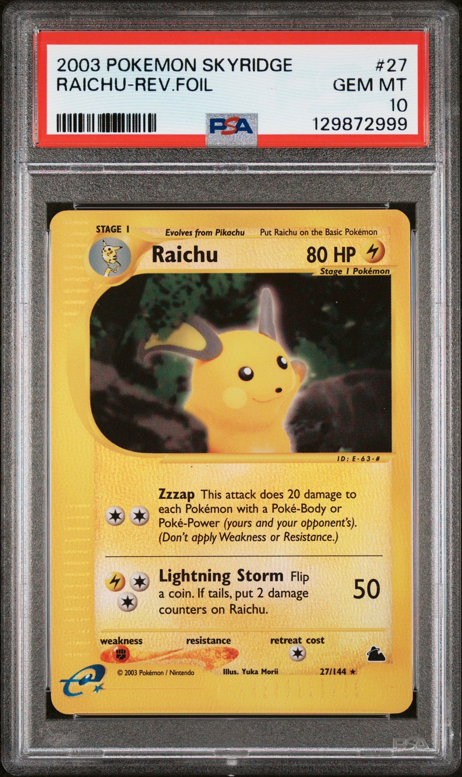 2003 POKEMON SKYRIDGE #27 RAICHU-REVERSE FOIL PSA 10