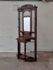 Antique Edwardian Solid Oak Brass Tiled Hall Coat Stand