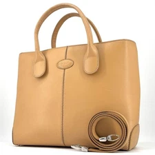 TOD'S Handbag Tote Bag Shoulder bag Beige Leather Logo-embossed Japan F/S USED