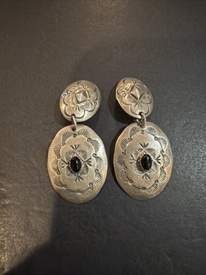 Vintage Signed CL Native American Sterling Silver Onyx Clip Dangle Earrings