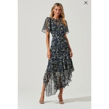 ASTR THE LABEL DRESS SMALL FLUTTER SLEEVE FLORAL ASYMMETRIC MAXI METALLIC DETAIL