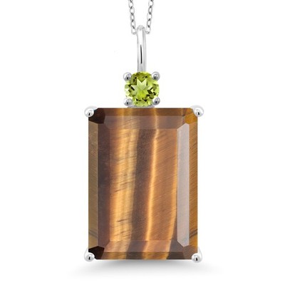 925 Sterling Silver Brown Tiger Eye and Peridot Pendant Necklace For Women