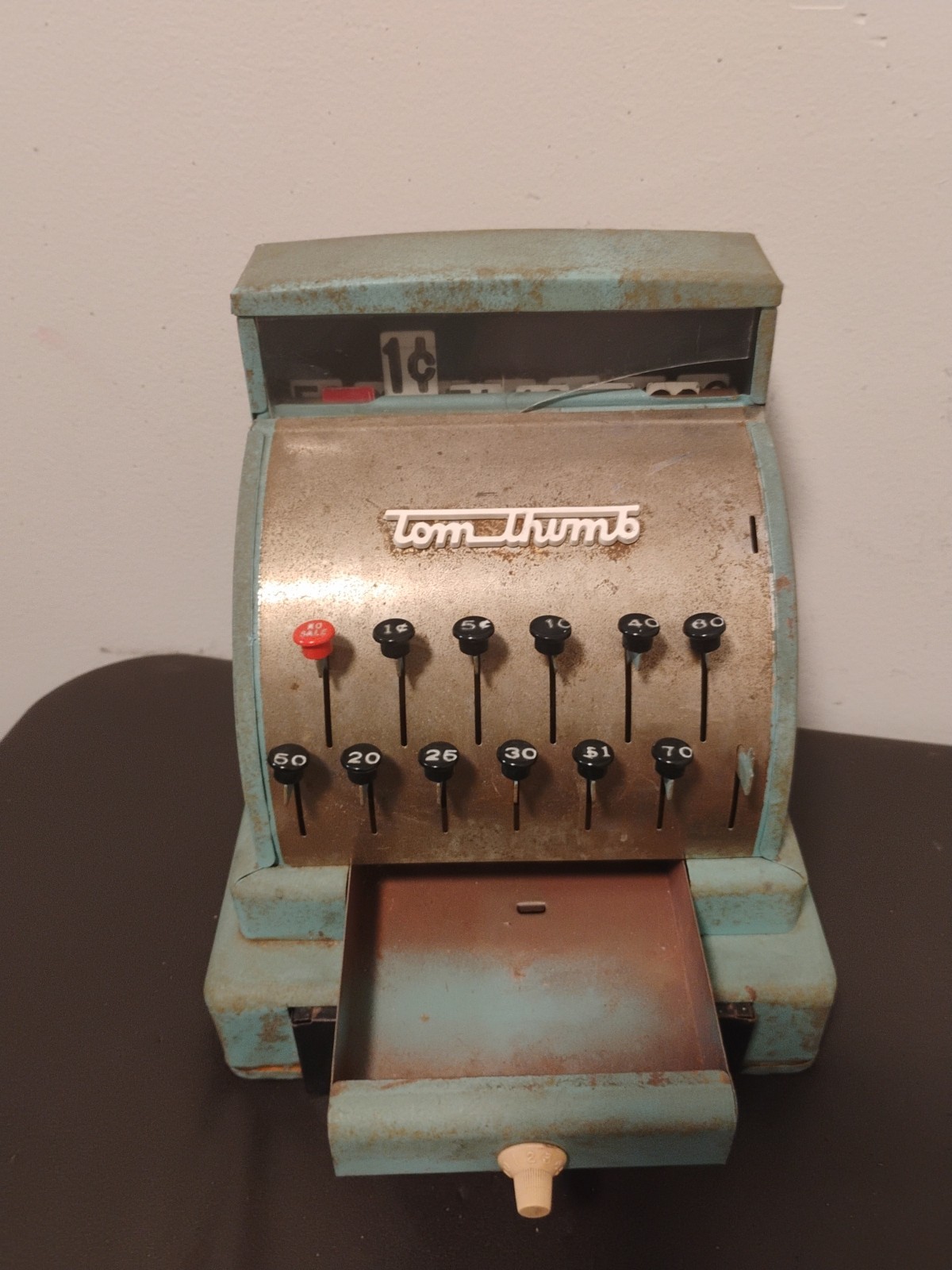 как выглядит Tom Thumb Vintage Metal Cash Register Toy Western Stamping Blue Green фото