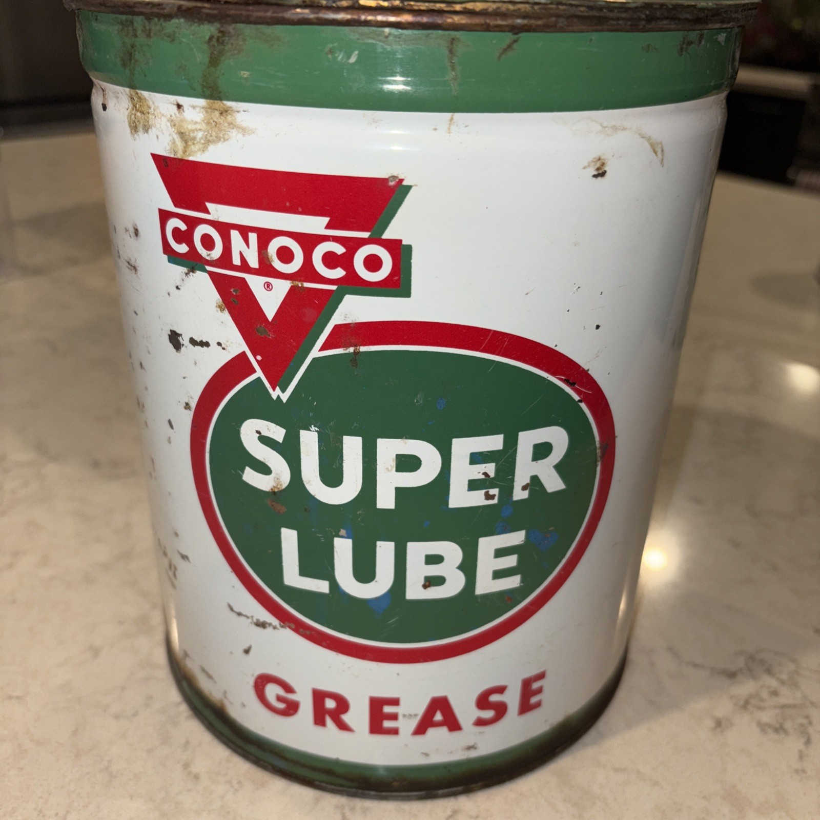 VINTAGE CONOCO SUPER LUBE GREASE CAN 10 LBS FULL