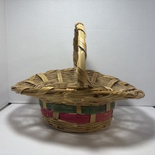 Vintage Weaved Wicker Easter Basket Mid-Century Large Hand Woven Handled Spring