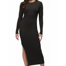 Hera Collection Womens Ribbed Knit Midi Dress Black Long Sleeve Side Slit Size M