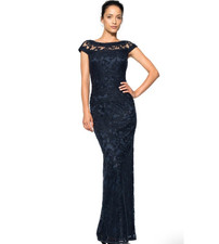 Tadashi Shoji Embroidered Banded Lace Gown Navy Blue Women's Size 4