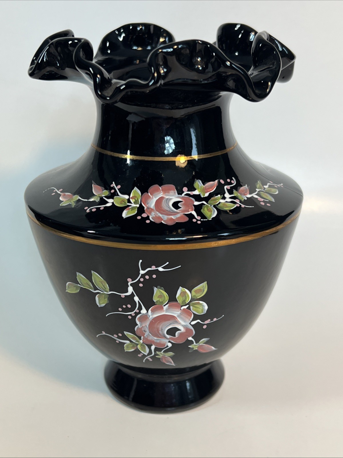 Vintage Fenton Black Amethyst Rose Garden Hand Painted Signed 7