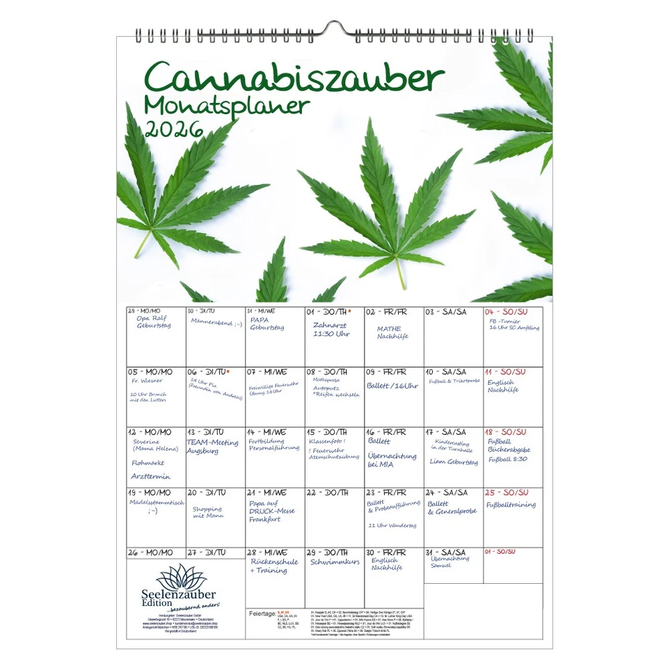 SEELENZAUBER GMBH Cannabiszauber Planer DIN A3 Kalender für 2026 Cannabis Legalisierung Legalize -