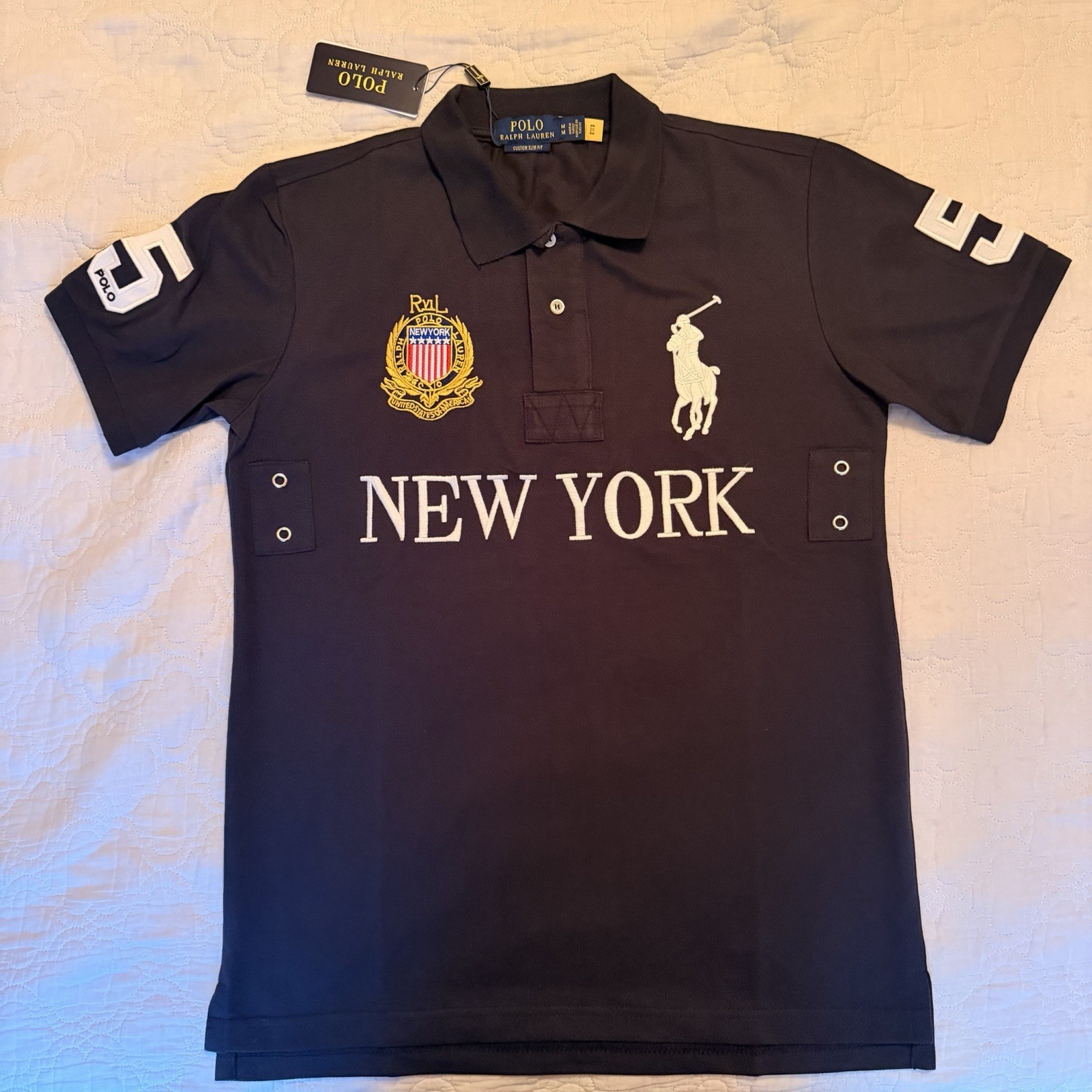 Polo Ralph Lauren New York Shirt #5 Navy Polo Shirt Vintage, Size L