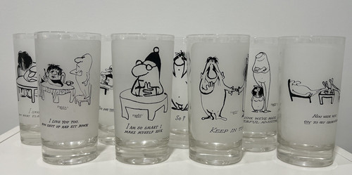 Set of 8 MCM H. Gardner 1950s Nebbishes Cartoons 5 5/8" Highball Frosted Glasses