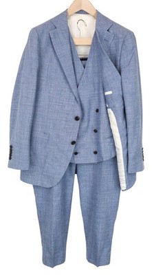 SUITSUPPLY La Spalla Herren Anzug UK40S Blau 3-teilig Slim Melange Wolle Seide Leinen *