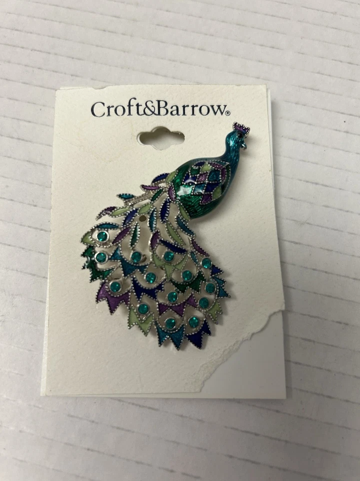 Broche vintage Croft & Barrow esmalte roxo turquesa pavão - Imagem 2 de 2