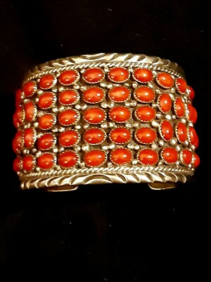 Navajo Fred Thompson Mediterranean Red Coral Sterling Silver Cuff Bracelet