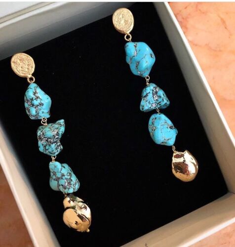 Brand New Gorgeous Vintage Look Turquoise & Gold Plated Earrings - Picture 1 of 5