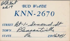 CB radio QSL postcard KNN-2670 Bud Wade 1960s Pleasantville Pennsylvania