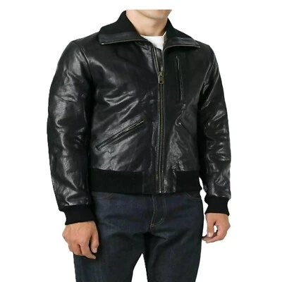 Blouson de motard bombardier noir en cuir d'agneau véritable pour homme, col ... - Photo 1/4