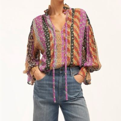 NWT Equipment Farah Silk Shirt Top Long Sleeve Floral Print Chai Tea Multi Tan