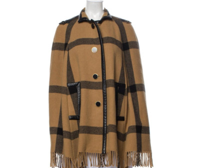 Rachel Zoe Plaid Fringe Cape Sz XS Camel Black Designer Wool Lamb Leather Silk