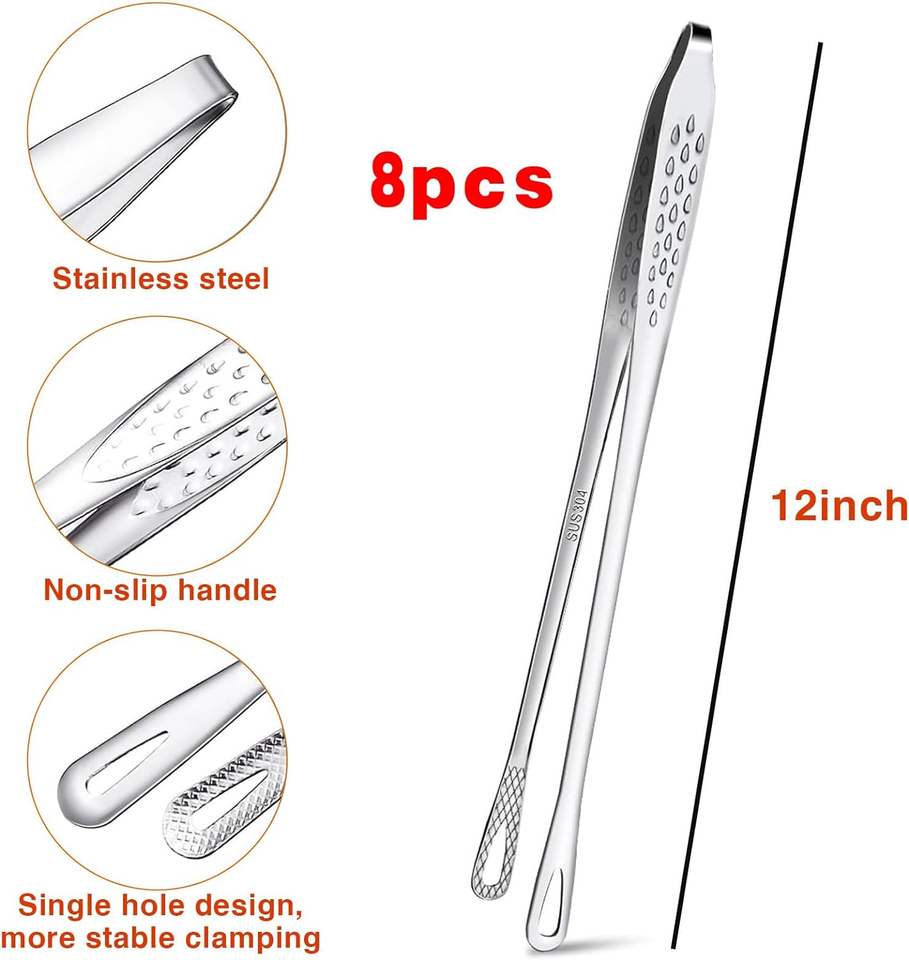 8PCS 12IN Korean BBQ Tongs Stainless Steel Hot Pot Tongs, Japanese