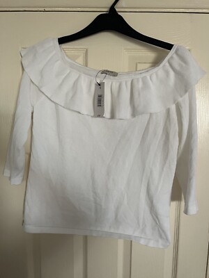 New With Tags Women's White Frilly Neck Jumper Size 12 UK