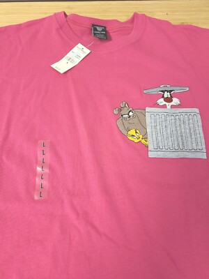 Vintage Taz Sylvester Tweety Bird Women's Large T-Shirt Warner Bros Pink  Pocket