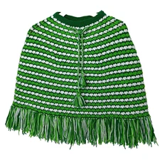 Girls Poncho Handmade Crochet Shawl Vintage Girls Sweater Green Stripe Fringe