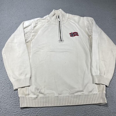 Napapijri Sweater Mens XL White Cotton 1/4 Zip Mock Neck Pullover Norway Flag