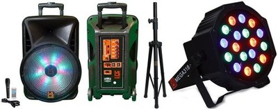 MR DJ DJ12BAT+ 12'' Portable Bluetooth Speaker + Speaker Stand + 18-LED Slim Par
