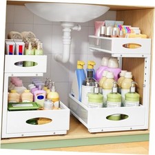 Under Sink Organizer Pull Out Cabinet Organizer 2 Tier Metal Slide 2-Pack White