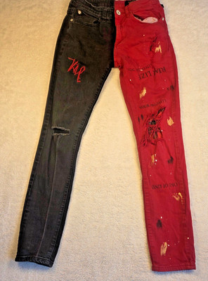 KEEF Mens Split Two Tone Skinny Jeans Black Red Distressed Graphic Paint 30x31