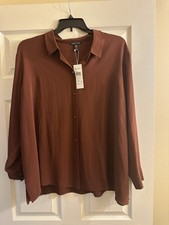 Eileen Fisher Redwood Silk Georgette Crepe Classic Collar Shirt and Pants 2X 2pc