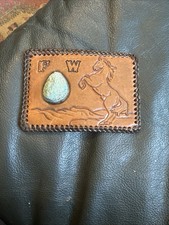 Vtg Cowboy Belt Buckle Natural Turquoise Nugget   Tooled Leather with Horse