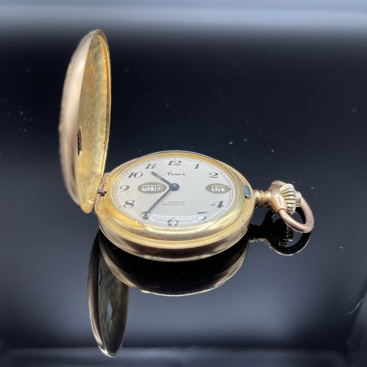 Vintage Arnex Pocket Watch 17 Jewel Incabloc Gold Plated Day Date