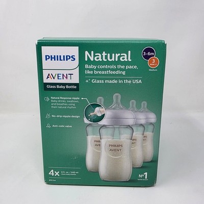 Philips Avent Natural Glass Baby Bottles 4 Pack 8oz Anti-colic Valve 3-6m 3 Flow