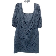 Eliza J Women's Navy Blue Eyelet Balloon Sleeve Shift Dress Size 14