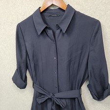 Tahari Snap Down Collared Midi Dress Roll Tab Long Sleeve Navy Blue Belt Medium