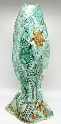 Studio Art Pottery Ceramic Vase Underwater Scene Sea Turtle Starfish 3D Signed