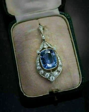 Art Deco Style 10.50Ct Lab Created Sapphire Engagement 14K White Gold FN Pendant