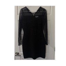 Calvin Klein Black Mesh Sheath Dress Pleated Short Long Sheer Sleeve V-Neck
