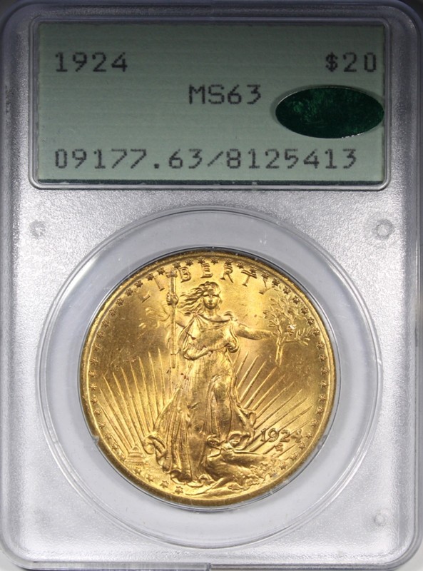 1924 $20 Saint Gaudens Double Eagle PCGS MS63 CAC OGH Rattler