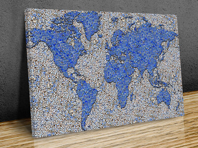 World Map Mosaic Blue print art wall framed or print only
